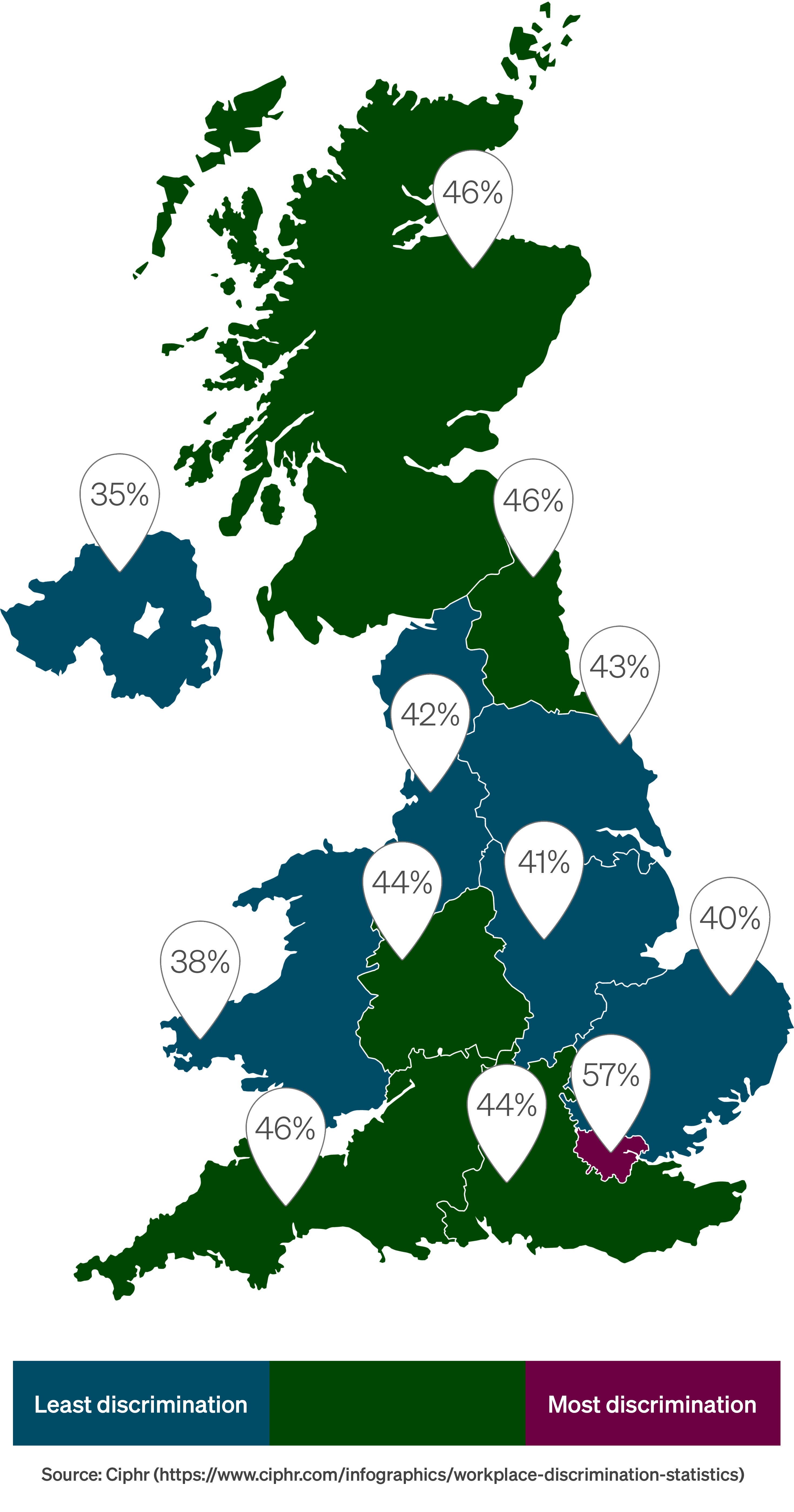 Map showing how people's experience of workplace discrimination differs across the UK Map showing how people's experience of workplace discrimination differs across the UK